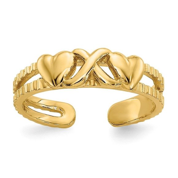 14k Yellow Gold Solid Toe Ring Hearts and X Adjustable - Picture 1 of 4